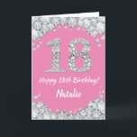 Happy 18th Birthday Pink en Silver Glitter Card Kaart<br><div class="desc">Fijne 18de Birthday Pink en Silver Glitter Card met persoonlijke naam. Voor verdere aanpassing,  te klikken gelieve de knoop "van de Aanpassing het"en ons ontwerphulpmiddel te gebruiken om deze sjabloon te wijzigen.</div>