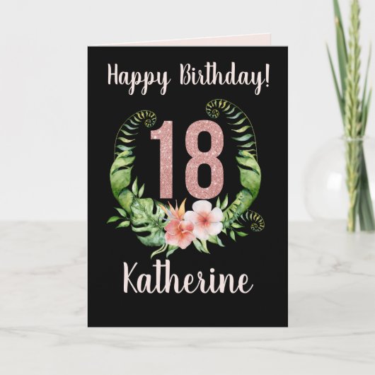 Happy 18th Birthday Roze Glitter Floral Name Kaart (Voorkant)