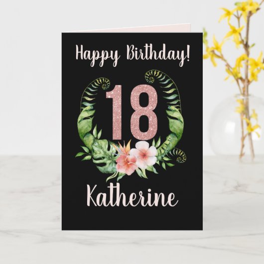 Happy 18th Birthday Roze Glitter Floral Name Kaart (Gele Bloem)