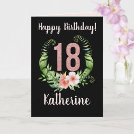 Happy 18th Birthday Roze Glitter Floral Name Kaart