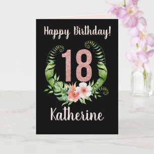 Happy 18th Birthday Roze Glitter Floral Name Kaart