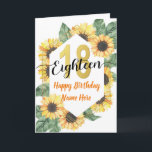 Happy 18th Birthday Sunflower Greeting Kaart<br><div class="desc">Fun,  vrolijk,  elegant en kleurrijk design verjaardagskaart 
Haal deze vrolijke kaart om je vriend of familie te vieren!
Thema: Zonnebloem,  Botanisch.
Kleuren,  geel,  Faux Gold,  wit.
Stijl: Elegant,  Boho,  Cheerful.
Grafische kaart: Faux Gold Number,  Waterverf Sunflower.</div>