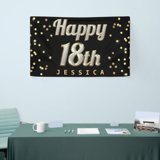 Happy 18th Bling Typography Gold Confetti Black Spandoek (Beurs)
