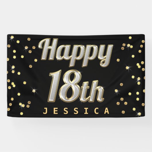 Happy 18th Bling Typography Gold Confetti Black Spandoek (Horizontaal)