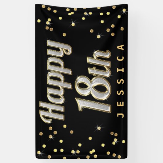 Happy 18th Bling Typography Gold Confetti Black Spandoek (Verticaal)