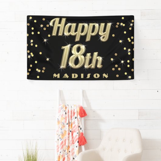 Happy 18th Gold Bling Typography Confetti Black Spandoek (Insitu)