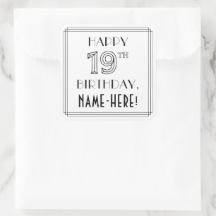 HAPPY 19E BIRTHDAY, Art Deco Style, aangepaste naa Vierkante Sticker