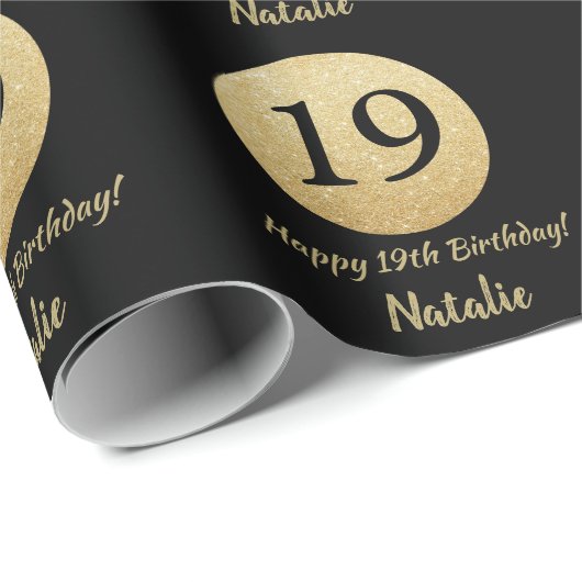 Happy 19th Birthday Black en Gold Glitter Cadeaupapier (Rol Hoek)