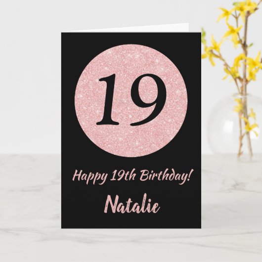 Happy 19th Birthday Black en Roos Pink Gold Kaart (Gele Bloem)