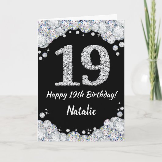 Happy 19th Birthday Black en Silver Glitter Card Kaart (Voorkant)
