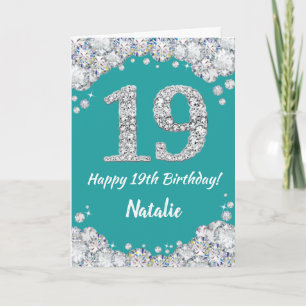 Happy 19th Birthday Blauwgroen en Silver Glitter C Kaart