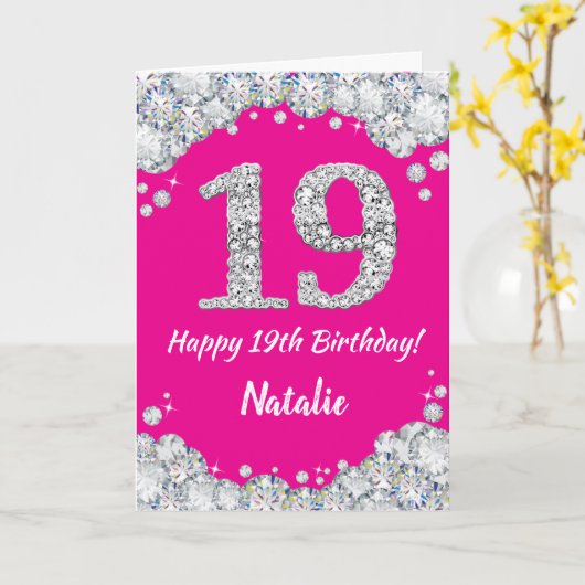Happy 19th Birthday Hot Pink en Silver Glitter Kaart (Gele Bloem)