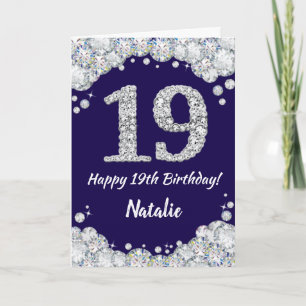Happy 19th Birthday Navy Blue en Silver Glitter Kaart