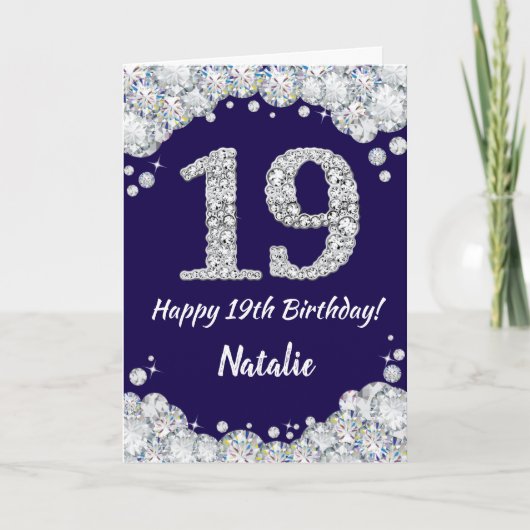 Happy 19th Birthday Navy Blue en Silver Glitter Kaart (Voorkant)