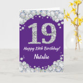 Happy 19th Birthday Paars en Silver Glitter Card Kaart (Gele Bloem)