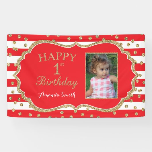 Happy 1 Birthday Banner Red Gold Glitter Foto (Horizontaal)