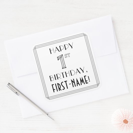 HAPPY 1ST BIRTHDAY, Art Deco Style, Custom Name Vierkante Sticker (Envelop)