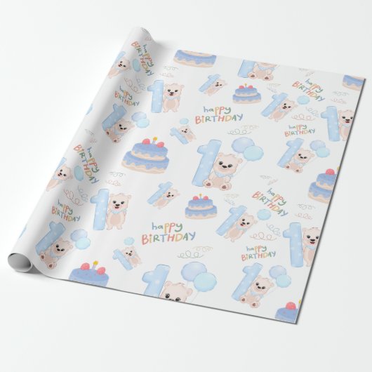 Happy 1st Birthday Baby Cute Blue Beer Cadeaupapier (Uitgerold)