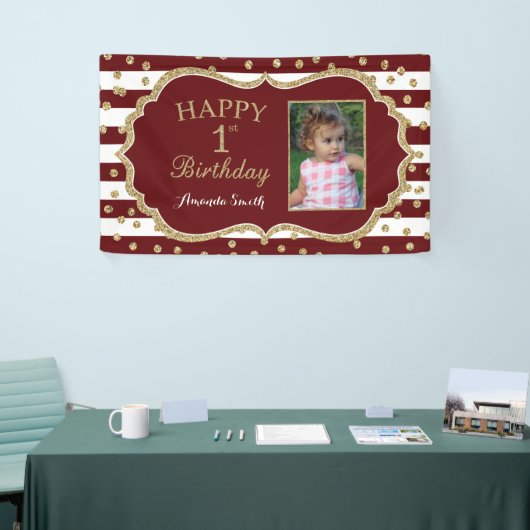 Happy 1st Birthday Banner Burgundy en Gold Photo (Beurs)