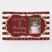 Happy 1st Birthday Banner Burgundy en Gold Photo (Horizontaal)