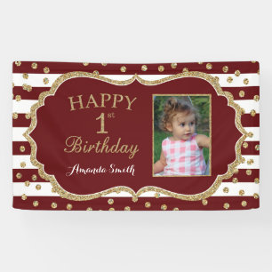 Happy 1st Birthday Banner Burgundy en Gold Photo