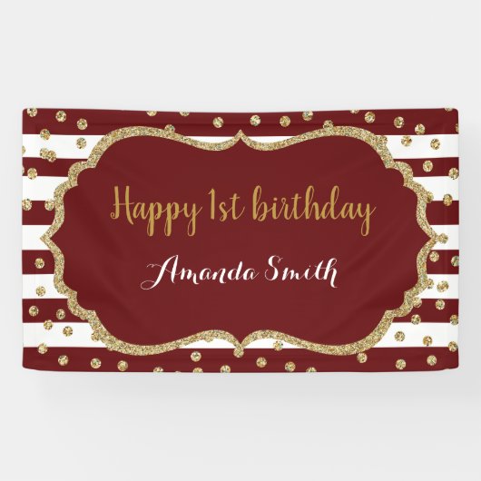 Happy 1st Birthday Banner Burgundy Gold Glitter (Horizontaal)