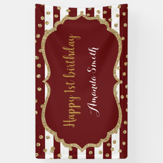 Happy 1st Birthday Banner Burgundy Gold Glitter (Verticaal)