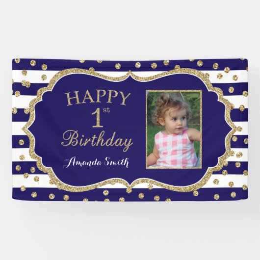 Happy 1st Birthday Banner Navy Blue Gold Foto (Horizontaal)