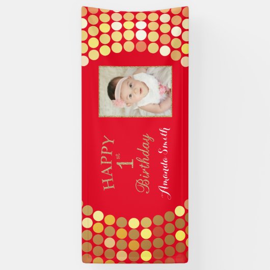Happy 1st Birthday Banner Red en Gold Photo (Verticaal)