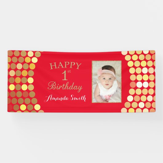Happy 1st Birthday Banner Red en Gold Photo (Horizontaal)