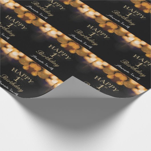 Happy 1st Birthday Black en Gold Glitter Cadeaupapier (Hoek)