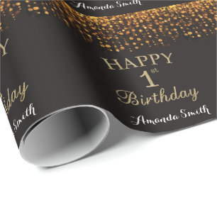 Happy 1st Birthday Black en Gold Glitter Cadeaupapier