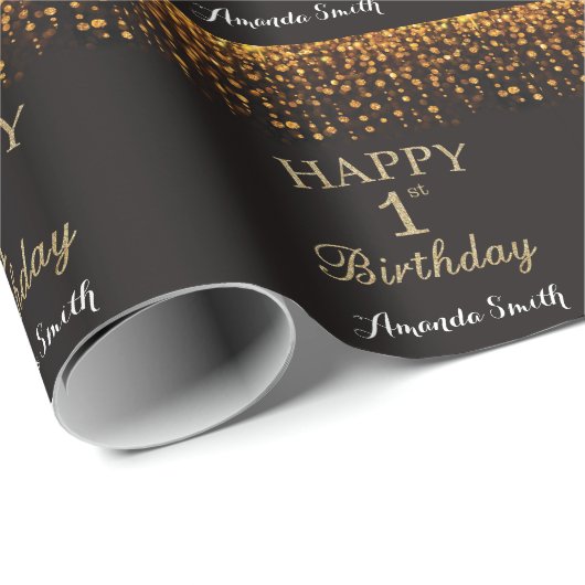 Happy 1st Birthday Black en Gold Glitter Cadeaupapier (Rol Hoek)