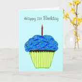 Happy 1st Birthday Blue Cupcake Kaart (Gele Bloem)