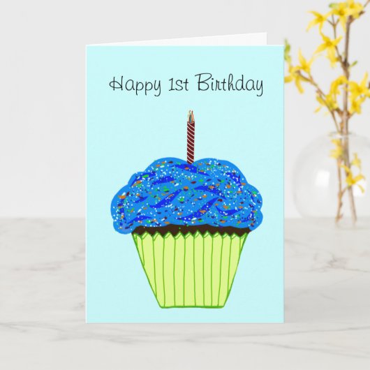 Happy 1st Birthday Blue Cupcake Kaart (Gele Bloem)