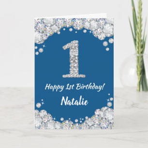 Happy 1st Birthday Blue en Silver Glitter Card Kaart