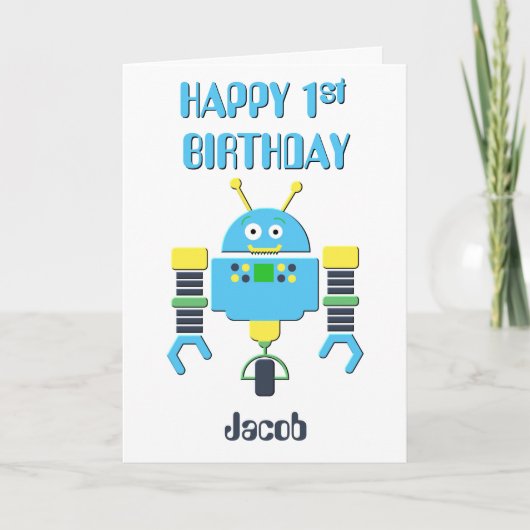 Happy 1st Birthday Blue Robot Kaart (Voorkant)