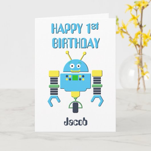Happy 1st Birthday Blue Robot Kaart (Gele Bloem)