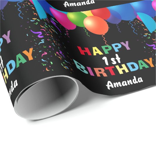 Happy 1st Birthday Colorful Balloons Black Cadeaupapier (Rol Hoek)