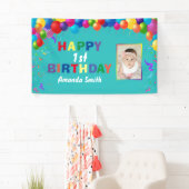 Happy 1st Birthday Colorful Balloons Blauwgroen Spandoek (Insitu)