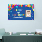 Happy 1st Birthday Colorful Balloons Blue Spandoek (Beurs)