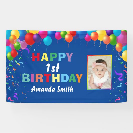 Happy 1st Birthday Colorful Balloons Blue Spandoek (Horizontaal)