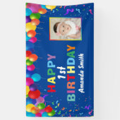 Happy 1st Birthday Colorful Balloons Blue Spandoek (Verticaal)