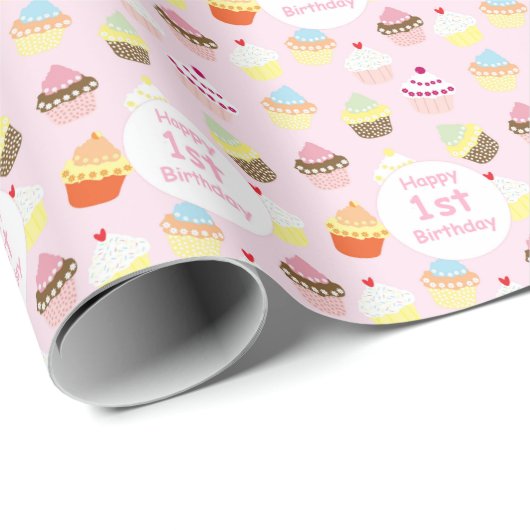 Happy 1st Birthday Cupcake Roze Gift Wrap Cadeaupapier (Rol Hoek)