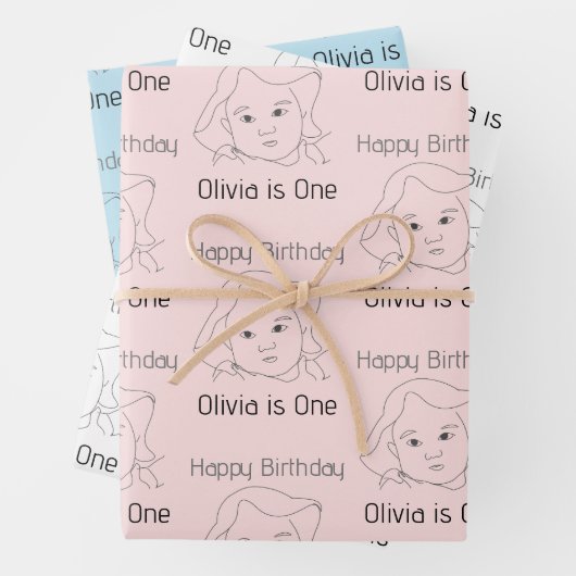 Happy 1st Birthday Custom Baby Face Portrait Inpakpapier Vel (In situ)