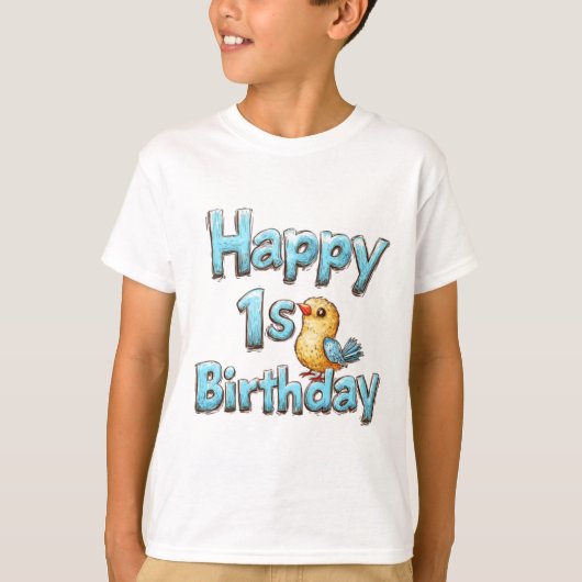 Happy 1st Birthday – Cute Blue Bird and Birthday  T-shirt (Voorkant)