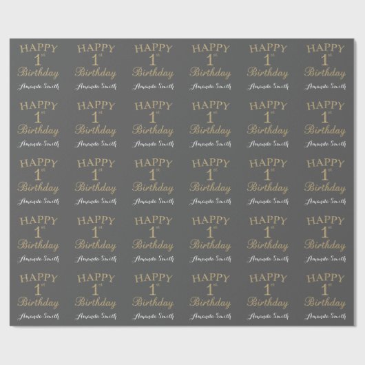 Happy 1st Birthday Gold Glitter en Grey Cadeaupapier (Vlak)