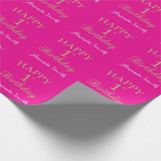 Happy 1st Birthday Gold Glitter en Hot Pink Cadeaupapier (Hoek)