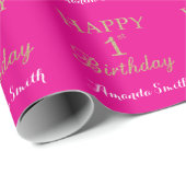 Happy 1st Birthday Gold Glitter en Hot Pink Cadeaupapier (Rol Hoek)