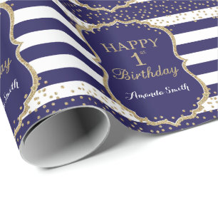 Happy 1st Birthday Gold Glitter en Navy Blue Cadeaupapier